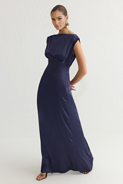 Trendyol Collection Navy Plain Woven Satin Maxi Stylové večerní šaty a šaty pro návrat domů Tprss25Ae00000