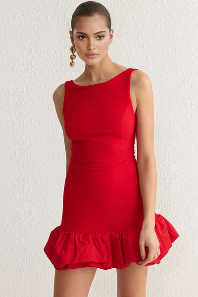 Trendyol Collection Red Balloon Skirt Detailed Inner Shorts Lined Woven Short Evening Dress Night Graduation Dress Tprss25El00059
