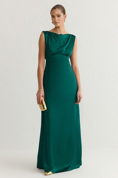 Trendyol Collection Emerald Green Straight Straight Cut Woven Satin Maxi Evening Dress & Homecoming Dress