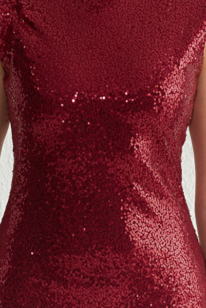 Trendyol Collection Burgundy Sequin Knitted Stylish Evening Dress Tprss25Ae00003