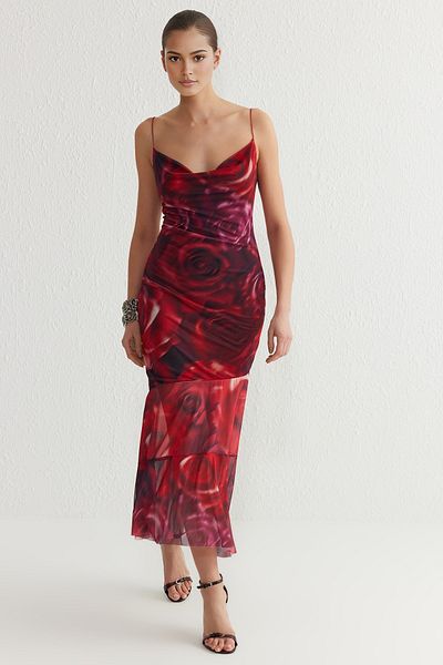 Trendyol Collection Stylish Floral Print Pleated Knitted Dress - A-Cut, Degaje Neckline Tprss25El00088