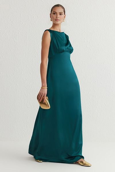 Trendyol Collection Emerald Green Straight Straight Cut Woven Satin Maxi Evening Dress & Homecoming Dress