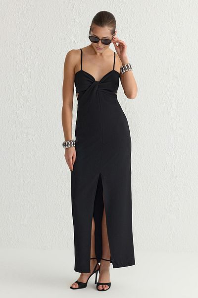 Trendyol Collection Μαύρο κομψό βραδινό φόρεμα με λεπτομέρεια υφαντό TPRSS25AE00023