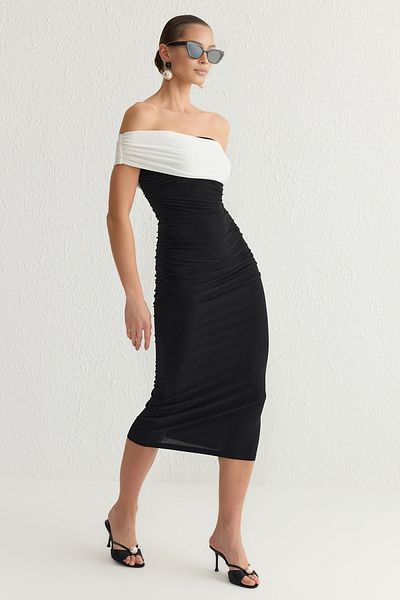 Trendyol Collection Asymmetrical Neckline Black-White Knitted Evening Dress - for Wedding/Wedding Tprss25El00090