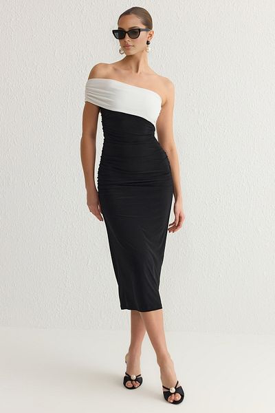 Trendyol Collection Asymmetrical Neckline Black-White Knitted Evening Dress - for Wedding/Wedding Tprss25El00090