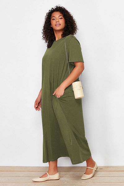 Trendyol Curve 100% pamut Khaki Midi kötött pólóruha - TBBSS24AH00067