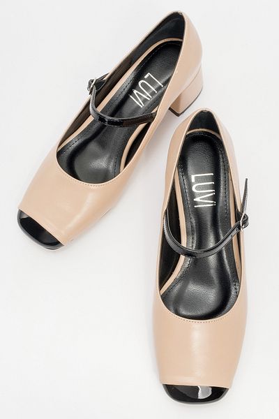 LuviShoes Apena Beige Skin-Black Patent Leather Women's Short Heeled Shoes
