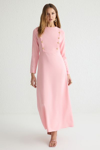 Trendyol Modest Rochie țesută cu nasturi cu flori roz deschis TCTSS25EB00032