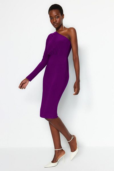 Trendyol Collection Rochie tricotată midi elastică, mov, cu un singur umăr - TWOAW24EL00123