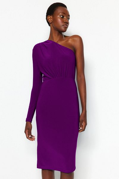 Trendyol Collection Rochie tricotată midi elastică, mov, cu un singur umăr - TWOAW24EL00123