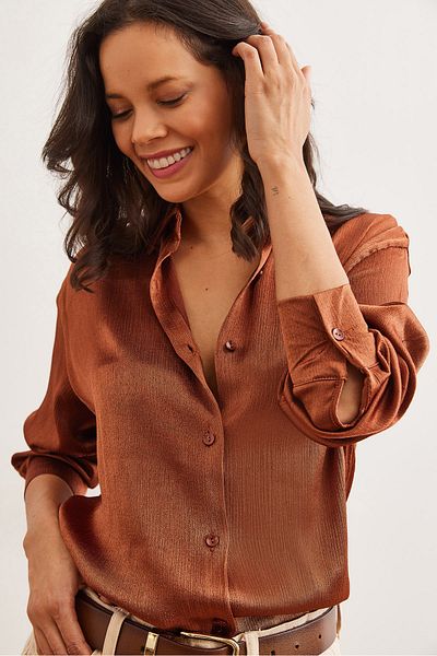 Olalook Women's Brown Satin Crinkle Woven Shiny Shirt Gml- 19001276