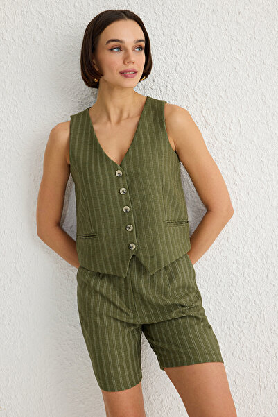 Trendyol Collection Khaki V-Neck Vest and Pocket Shorts Set Woven Bottom-Top Suit Twoss25Au00031