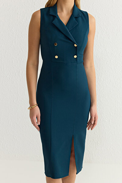 Trendyol Collection Petrol Body Hugging Jacket Lapel Midi Woven Dress Twoss23El02256