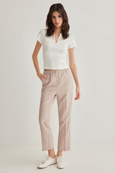 Trendyol Collection Beige Straight Cut Elastic Waist Striped Trousers - Twoss25Pl00015