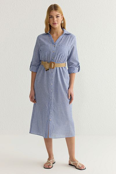 Trendyol Collection Rochie cămașă țesătă cu dungi midi cu centură albastră TWOSS25EL00063
