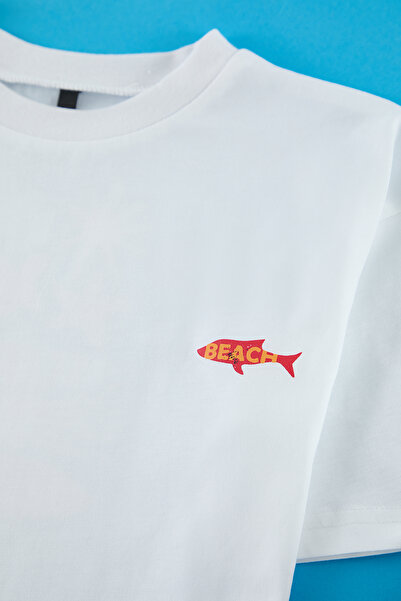 TRENDYOLKIDS Ecru bedrucktes Strick-T-Shirt TKDSS25TS00038