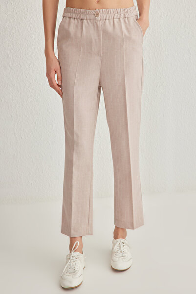 Trendyol Collection Beige Straight Cut Elastic Waist Striped Trousers - Twoss25Pl00015