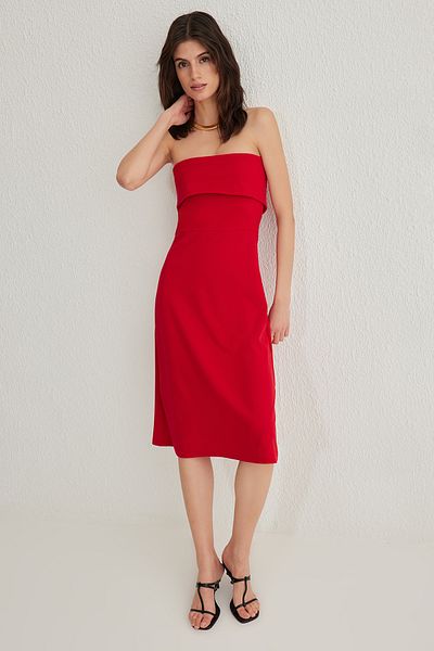 Trendyol Collection Red Strapless a Line/Bell Cut Midi Knitted Dress Twoss25El00070