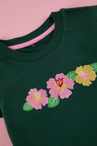 TRENDYOLKIDS Emerald Green Floral Knitted T-Shirt Tkdss25Ts00046