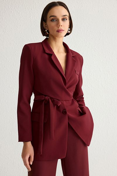 Trendyol Collection Zweireihige, kastanienbraune Blazerjacke mit Gürtel – gefüttert, gewebt, TWOAW21CE0320