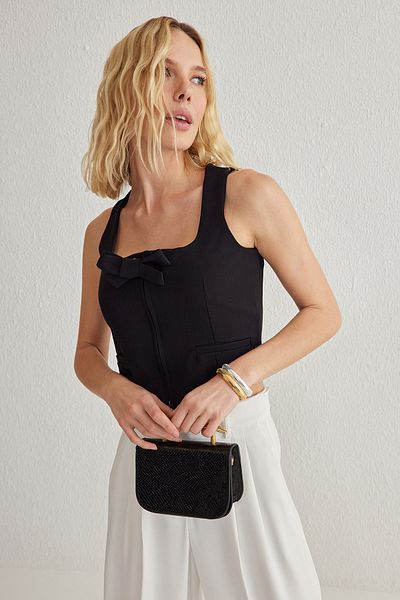 Trendyol Collection Black Regular Ribbon Detailed Woven Vest Twoss25Ye00036