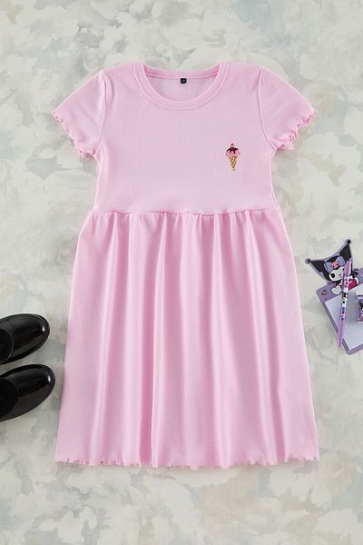 TRENDYOLKIDS Hellrosa Mädchen-Strickkleid aus Baumwolle mit dehnbarer Mini-Stickerei TKDSS25EL00008