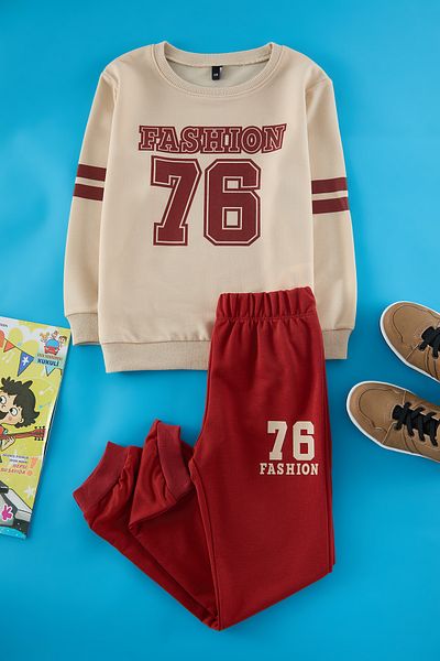 TRENDYOLKIDS Béžový pletený spodní oblek Slogan Tkdaw25Au00066