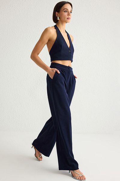 Trendyol Collection Sötét sötétkék széles szárú redőzött nadrág - TWOSS21PL0189
