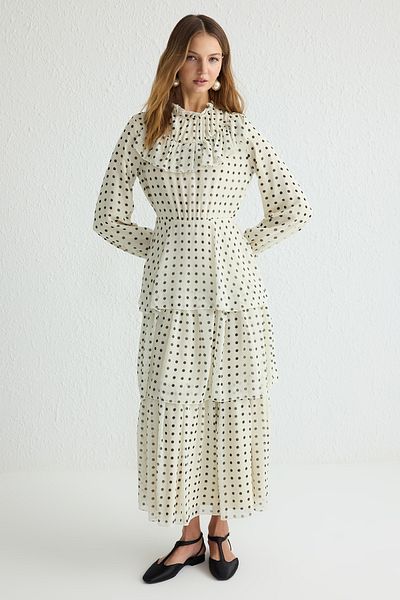 Trendyol Modest Ecru Polka Dot Print Silvery Woven Lined Chiffon Dress Tctss25Eb00039