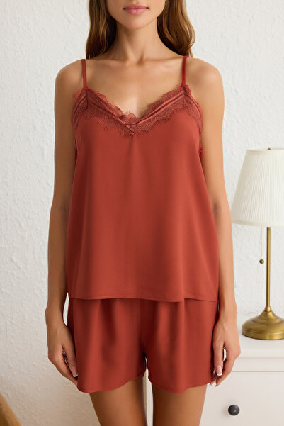 Trendyol Collection Dark Tile Lacy Rope Strap Viscose Shorts Woven Pajamas Set Thmss20Pt0290