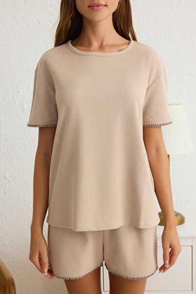 Trendyol Collection Beige Plain Karyoka Stitching Waffle Knitted Pajamas Set Thmss25Pt00157