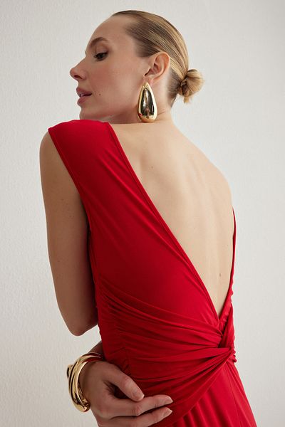 Trendyol Collection Red V Neck Gathered Knitted Stylish Dress Tprss25El00002