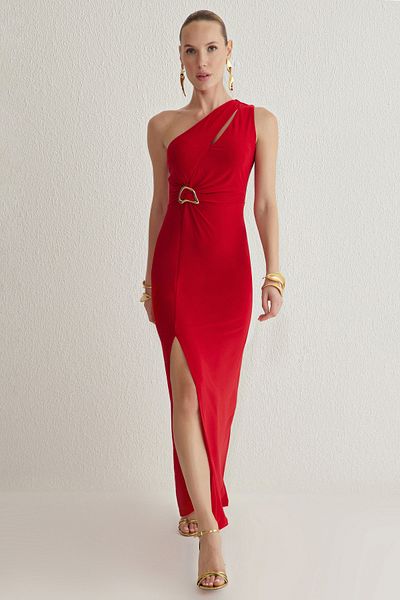 Trendyol Collection Rotes, körpernahes, ungefüttertes, gestricktes, langes, stilvolles Abendkleid und Abschlusskleid TPRSS25AE00016