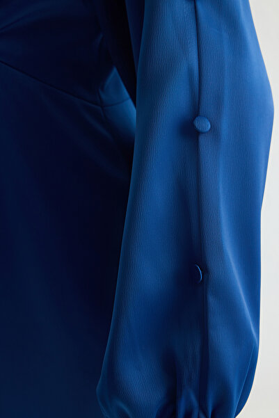 Trendyol Modest Modré volánky sukně saténové tkané večerní šaty Tctss25Db00007