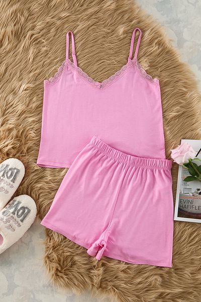 Trendyol Collection Růžový krajkový provazový popruh s viskózovými šortkami Pletený pyžamový set THMSS24PT00007