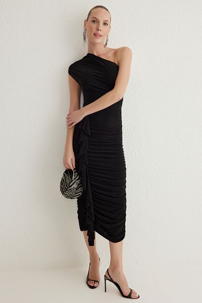 Trendyol Collection Black Body-Fitting Cut Out/Window Detail Tulle Knitted Stylish Dress Tprss25El00004