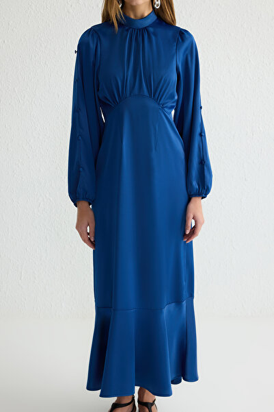 Trendyol Modest Modré volánky sukně saténové tkané večerní šaty Tctss25Db00007