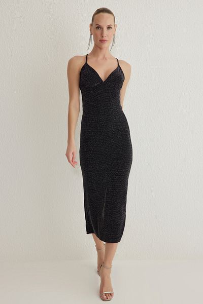 Trendyol Collection Anthracite Glitter Knitted Lined Stylish Evening Dress Night Graduation Dress Tprss25El00169