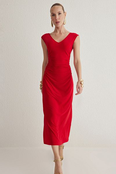 Trendyol Collection Red V Neck Gathered Knitted Stylish Dress Tprss25El00002