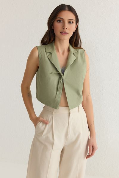 Trendyol Collection Koszula z tkaniny khaki z wiązaniem z przodu, regularna, regularna, dopasowana Twoss25Go00098