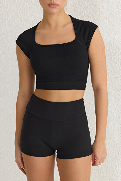 Trendyol Collection Square Neck Black Knitted Crop Sports Blouse - Seamless Thmss25Bz00000