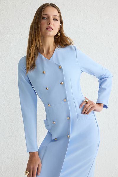 Trendyol Modest Blaues geknöpftes Kleid aus gewebtem Stoff TCTSS25EB00027