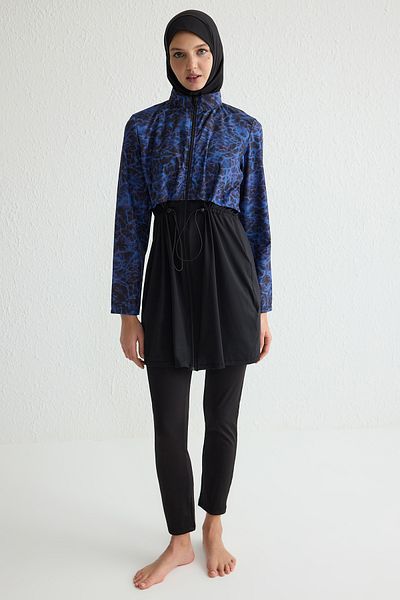 Trendyol Modest 4-teiliges, gemustertes Indigo-Badeanzug-Set TCTSS23CF00036