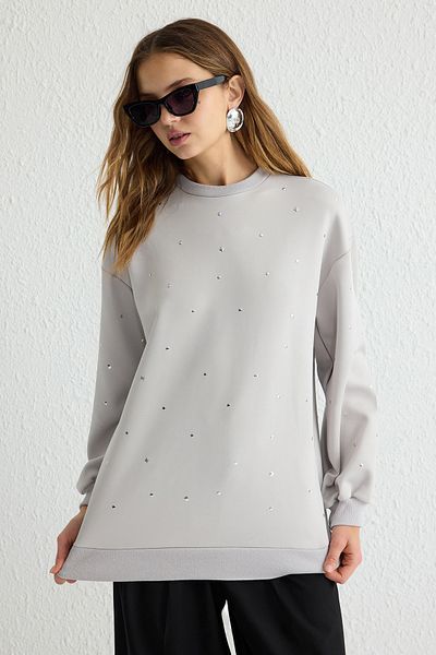 Trendyol Modest Gray Oversize Diver/Scuba Knitted Tunic Tctss25Uk00002