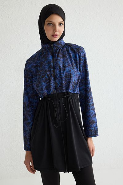Trendyol Modest 4-teiliges, gemustertes Indigo-Badeanzug-Set TCTSS23CF00036