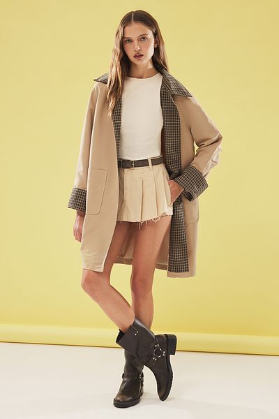 Trendyol Collection Béžový kostkovaný midi trenčkot - Twoaw25Tr00043