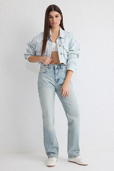 Trendyol Collection Blugi drepti albastru deschis cu talie înaltă TWOSS25JE00084