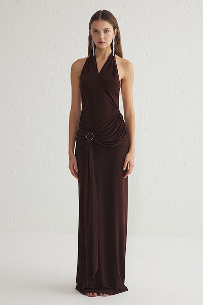 Trendyol Collection Braunes, gerades, schmal gestricktes, schickes Abendkleid und Heimkehrkleid TPRSS25AE00014