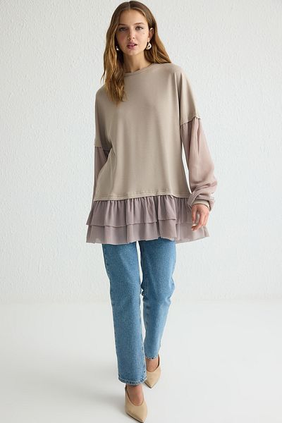 Trendyol Modest Nerz gewebte, detaillierte, gerüschte Strick-Tunika TCTSS25UK00004