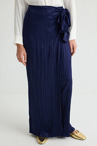 Trendyol Modest Navy Blue Textured Satin Woven Pants Tctss25Tp00000